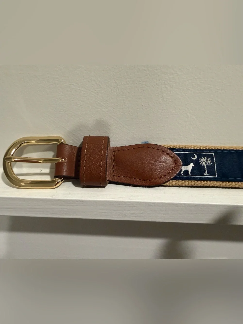Brown Leather-Trim Navy Embroidered Men’s Belt with Gold Buckle
